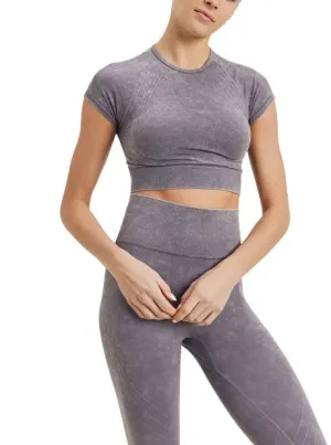 Haut court sans coutures à emmanchure raglan motifs vagues et croix AT2722 Mauve