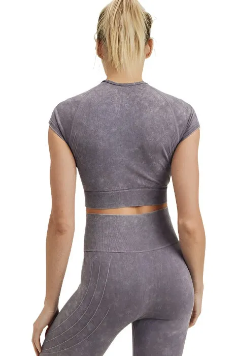 Haut court sans coutures à emmanchure raglan motifs vagues et croix AT2722 Mauve