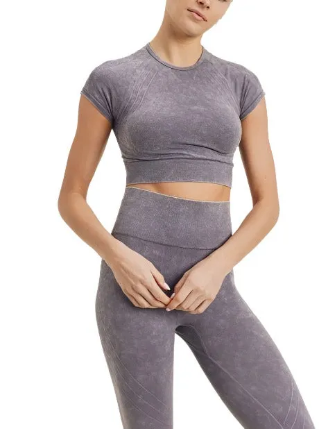 Haut court sans coutures à emmanchure raglan motifs vagues et croix AT2722 Mauve