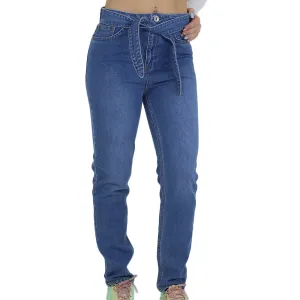 Pantalon en jean ceinturé pour femme, Bleu