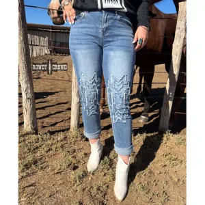 Jeans Designer Bleu Aztec pour Femme