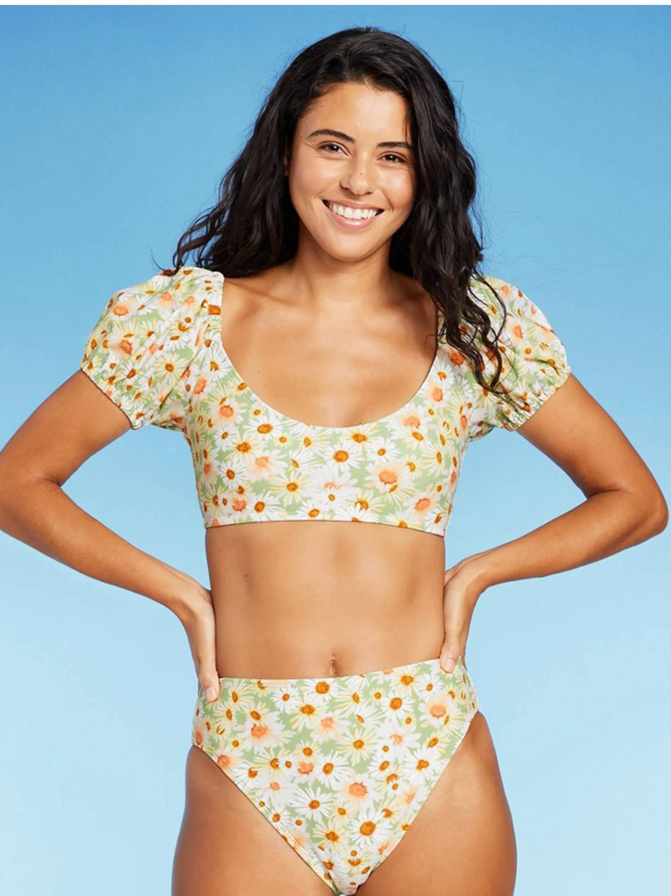 Haut de bikini à manches ballon imprimé floral pour femme, Multi