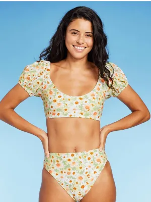 Haut de bikini à manches ballon imprimé floral pour femme, Multi