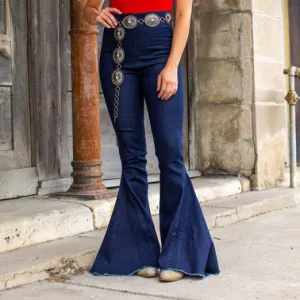 Jeans Femme Taille Haute Effet Usé Foncé à Pattes d'Éléphant