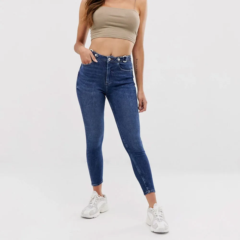 Jeans Skinny Femme à Haute Taille avec Boucle, Bleu Foncé
