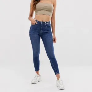Jeans Skinny Femme à Haute Taille avec Boucle, Bleu Foncé
