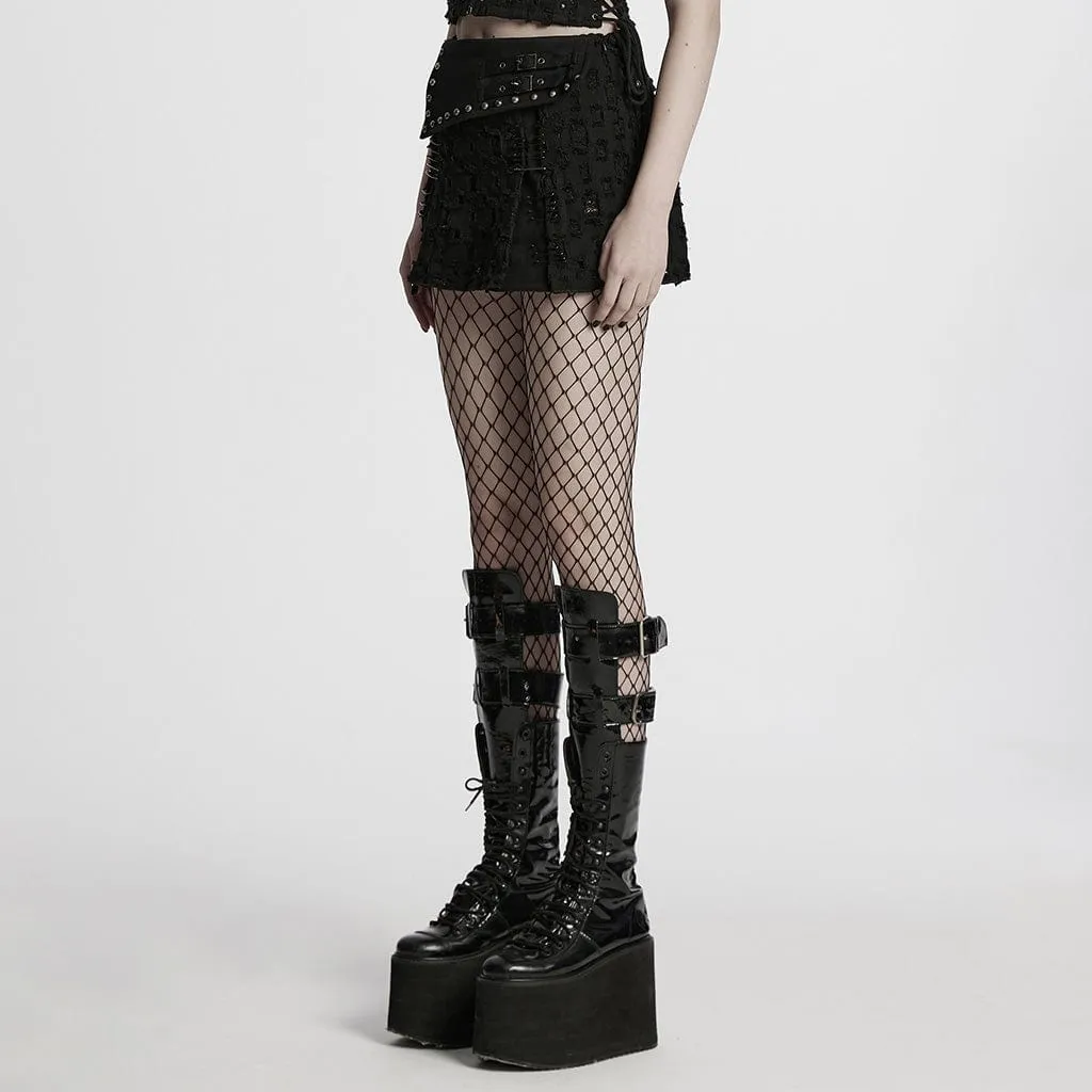 Jupe en denim déchiré à clous punk pour femme
