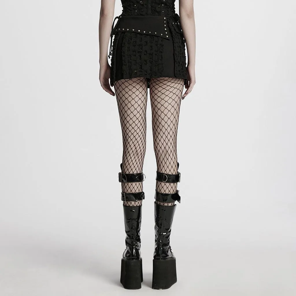 Jupe en denim déchiré à clous punk pour femme