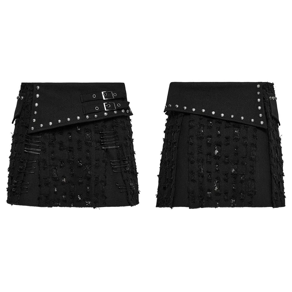 Jupe en denim déchiré à clous punk pour femme