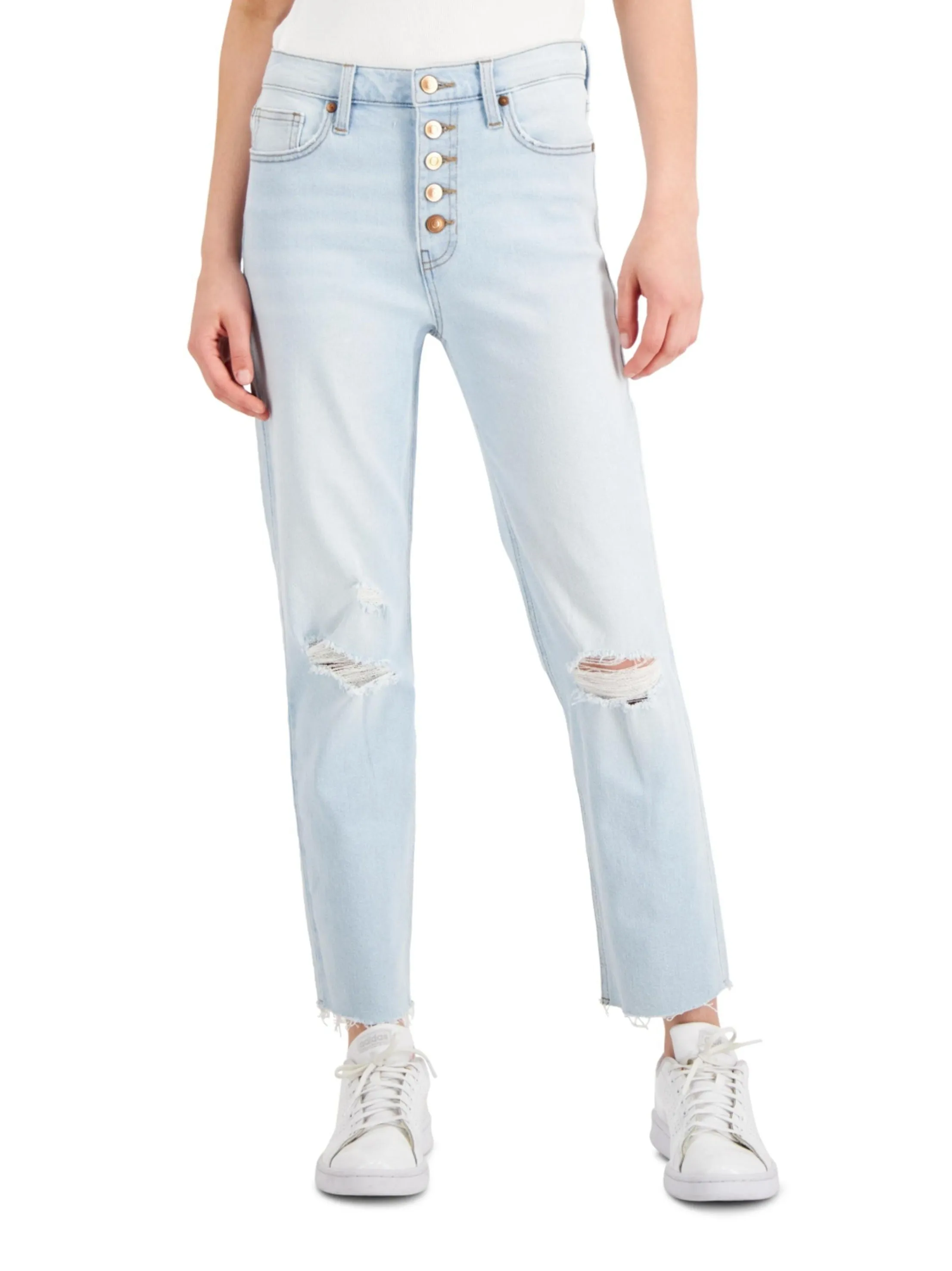 Jeans déchirés à boutons pour femme, bleu clair