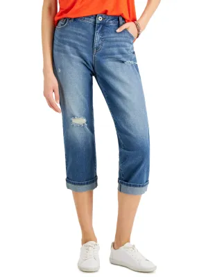 Jeans Capri délavés déchirés pour femme, Bleu