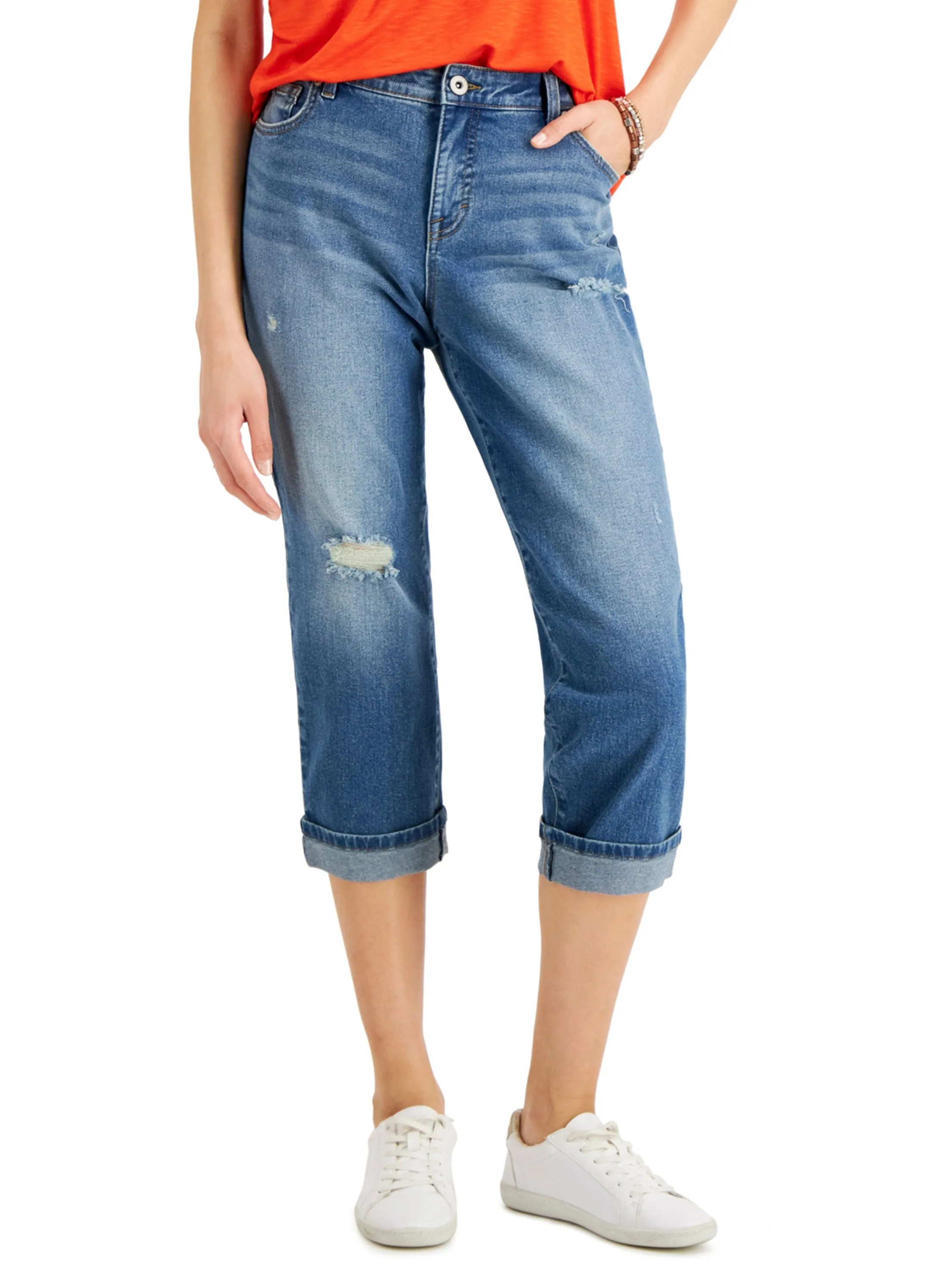 Jeans Capri délavés déchirés pour femme, Bleu
