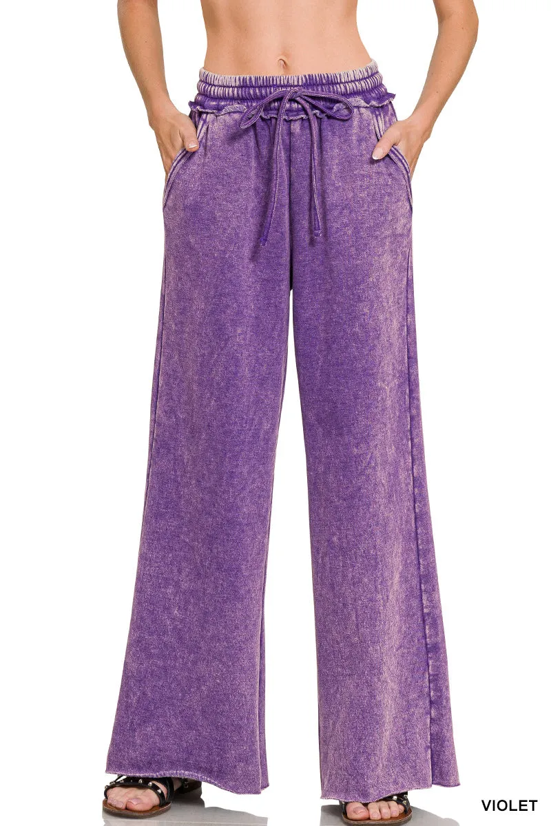 Zenana Pantalon de survêtement en velours lavé à l'acide Palazzo OPW-4343Y