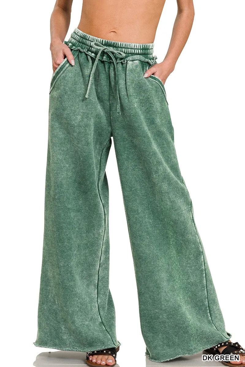 Zenana Pantalon de survêtement en velours lavé à l'acide Palazzo OPW-4343Y