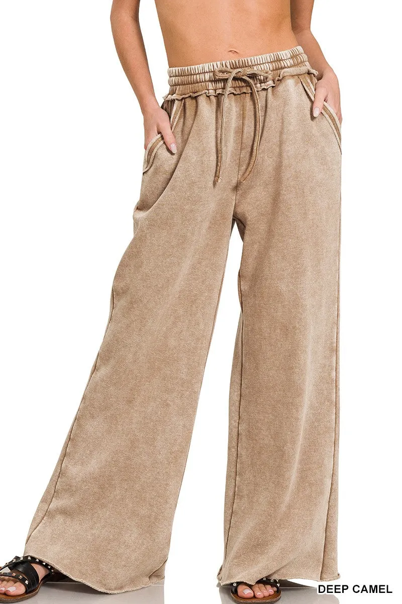 Zenana Pantalon de survêtement en velours lavé à l'acide Palazzo OPW-4343Y