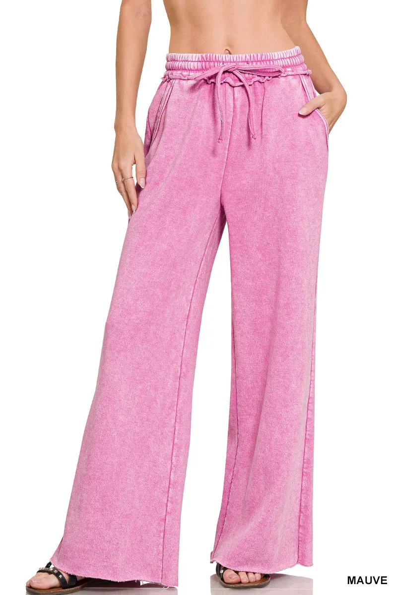 Zenana Pantalon de survêtement en velours lavé à l'acide Palazzo OPW-4343Y